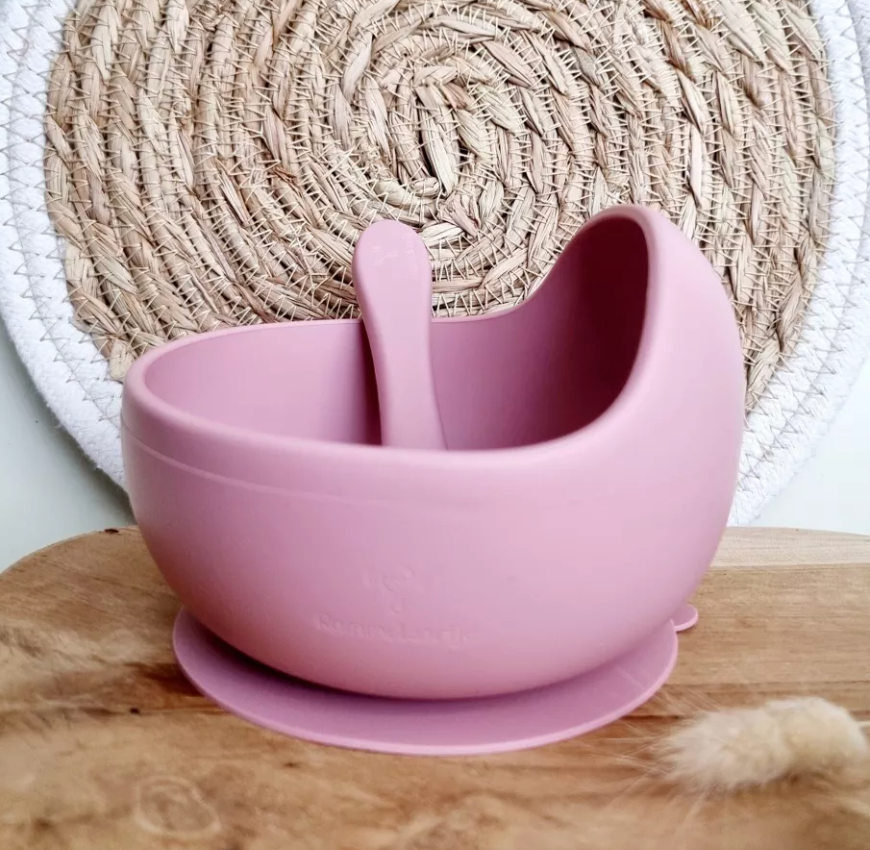 Bol en silicone avec ventouse et cuillère - Rose poudré