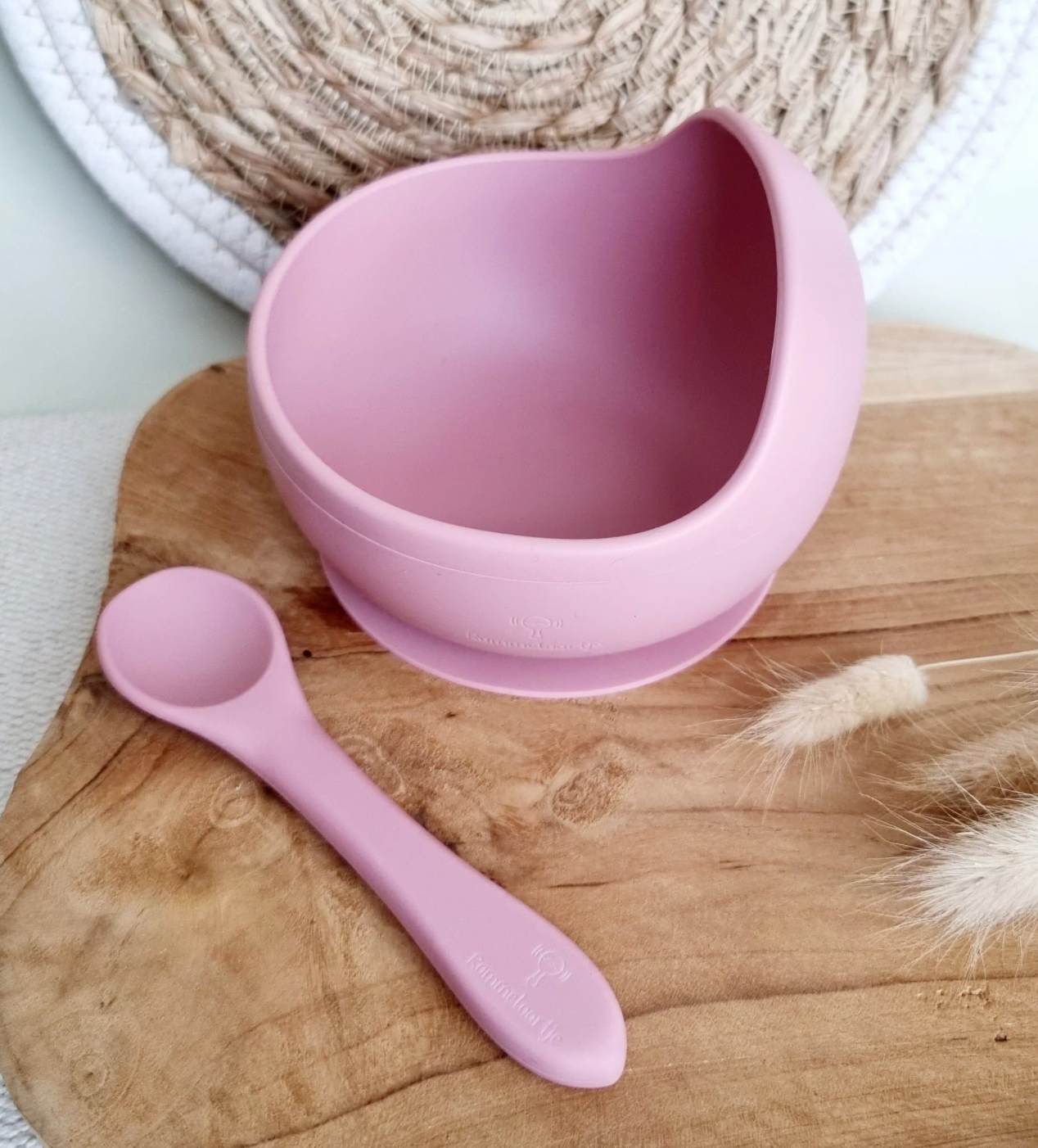 Bol en silicone avec ventouse et cuillère - Rose poudré